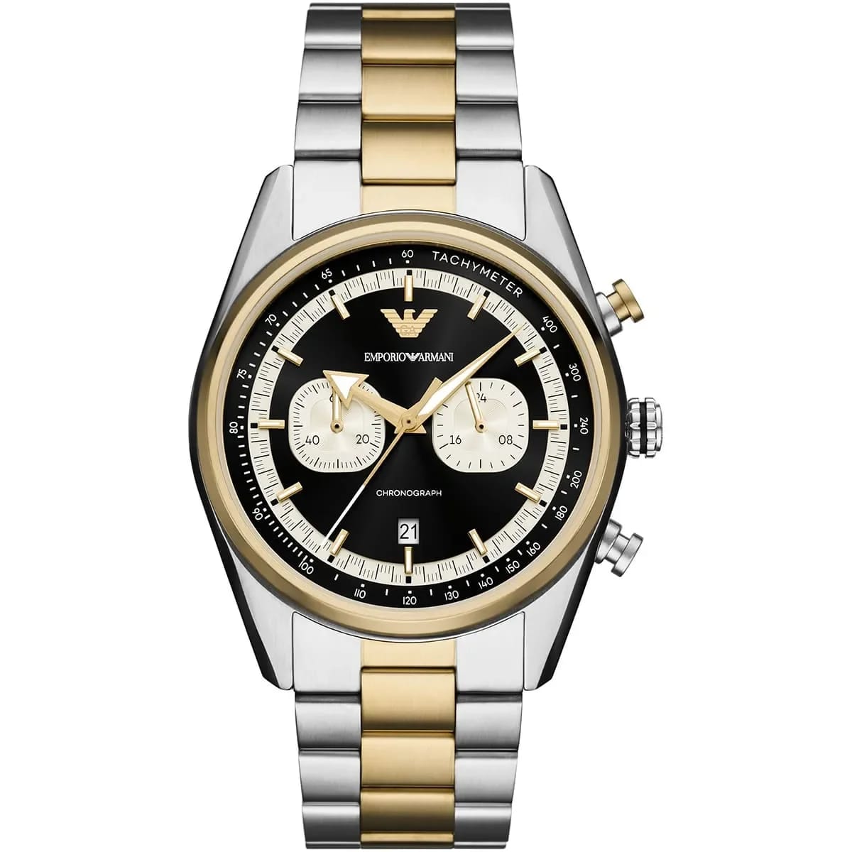 Emporio Armani Racer AR11678 Men's Chronograph Watch – Black Dial, Silver & Gold Stainless Steel