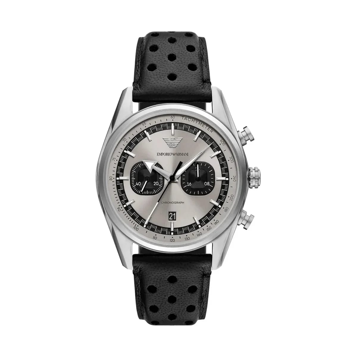 Emporio Armani Racer AR11677 Men's Chronograph Watch – Silver Dial & Black Leather Strap