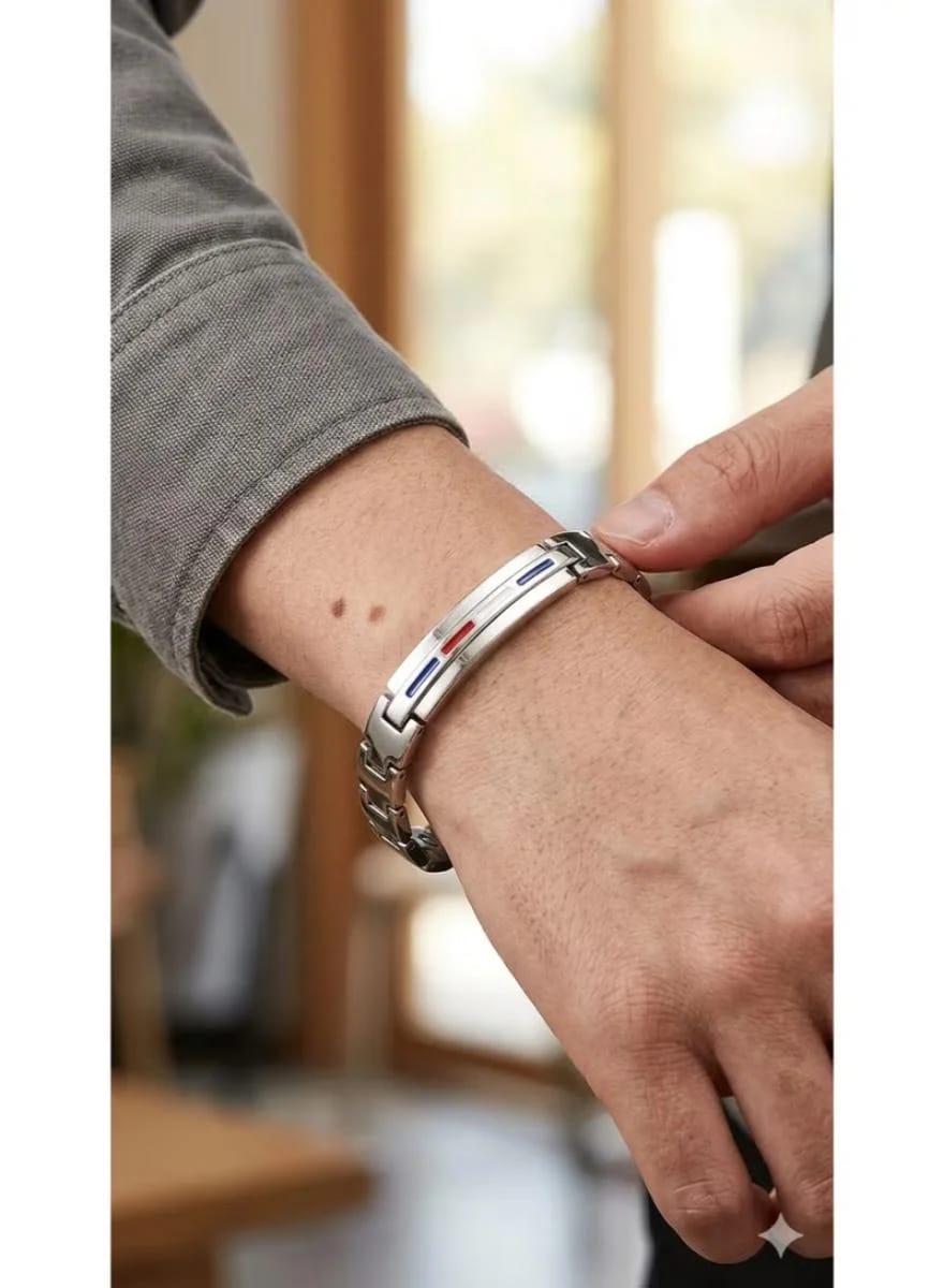 Men's Silver Stainless Steel Bracelet BFTM2003 Flag Stripe Design - image 1